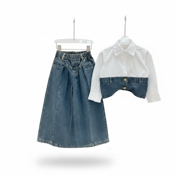 Girls' 2-Piece Denim Baggy Trouser & Long Sleeve Set