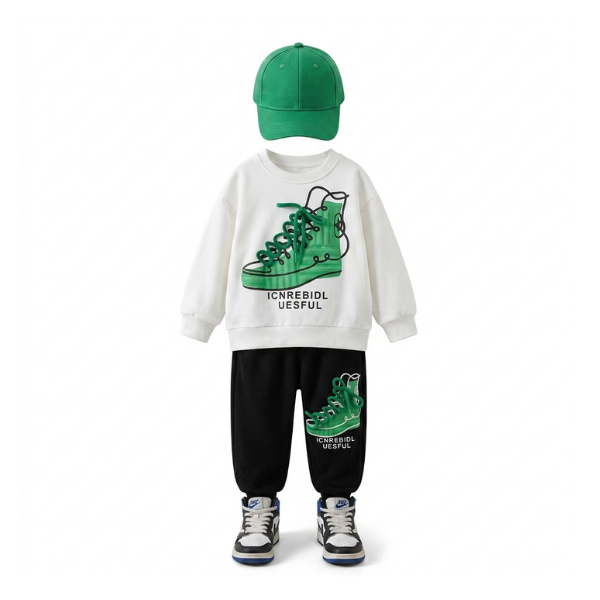 28 Boys' White & Black Green Shoe Jogger Set